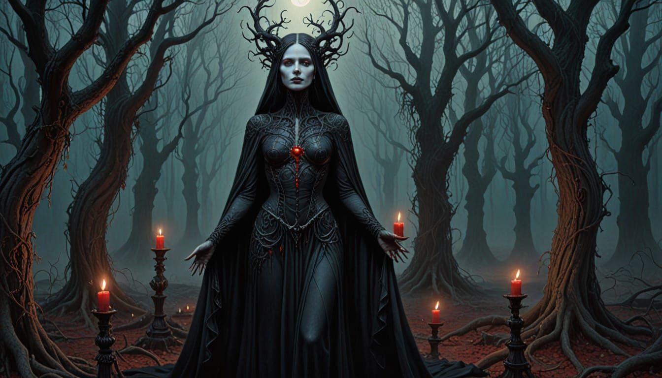 Mystical Demoness in Dark Surrealist Forest