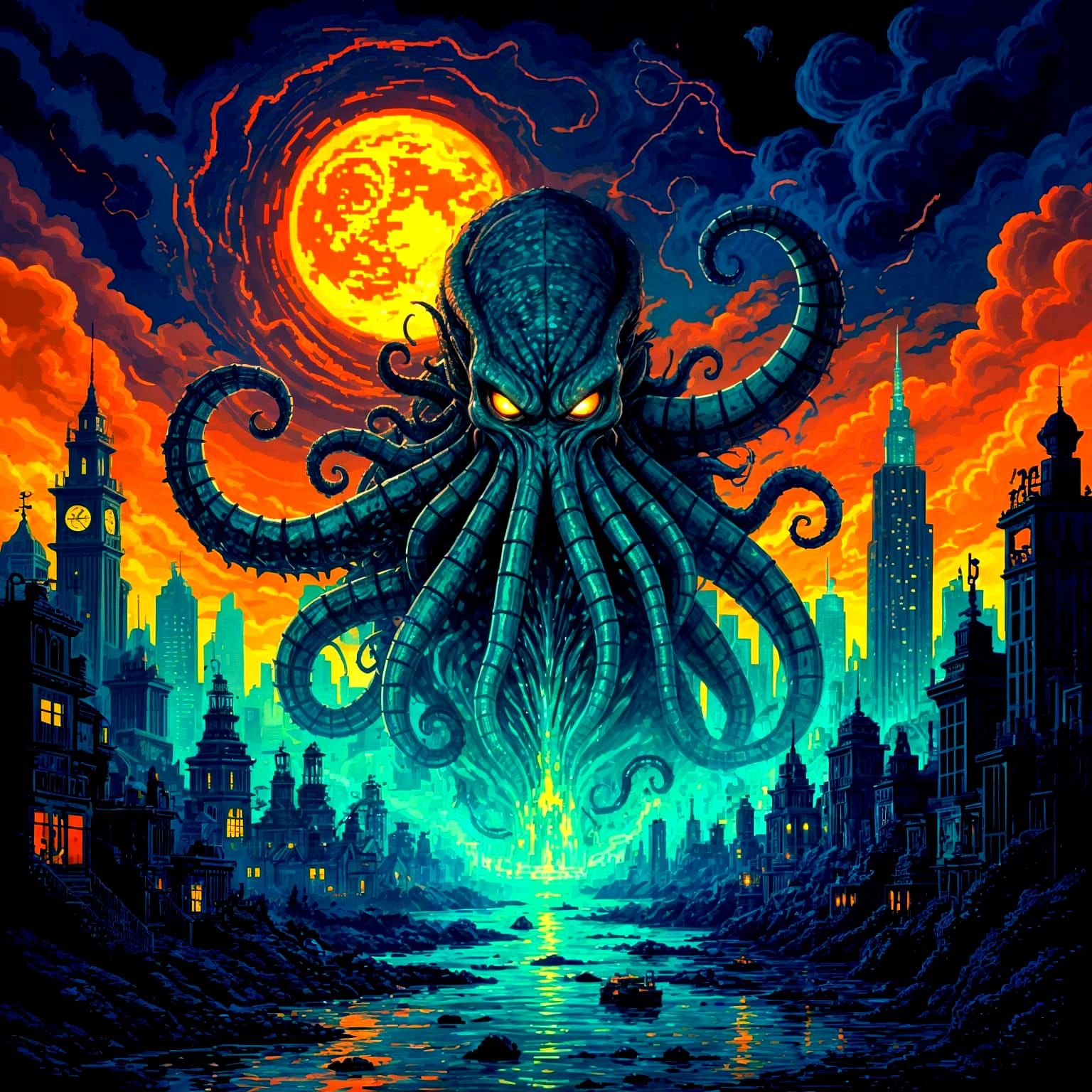 Raging Cthulhu in Biopunk Pixel Art Style