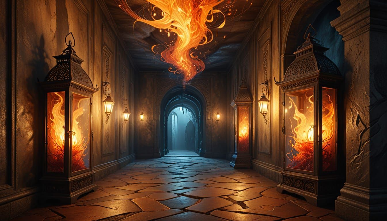 Surreal Lanterns Light Abstract Stone Hallway
