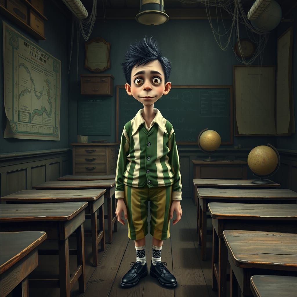 Whimsical Schoolboy in Steampunk Classroom