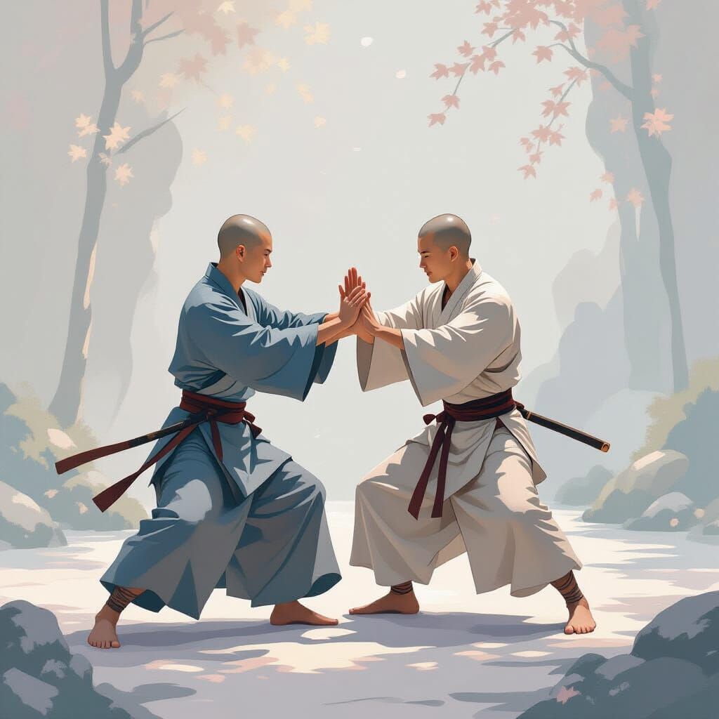 Shaolin Monks Training in Dreamy Pastel Environment