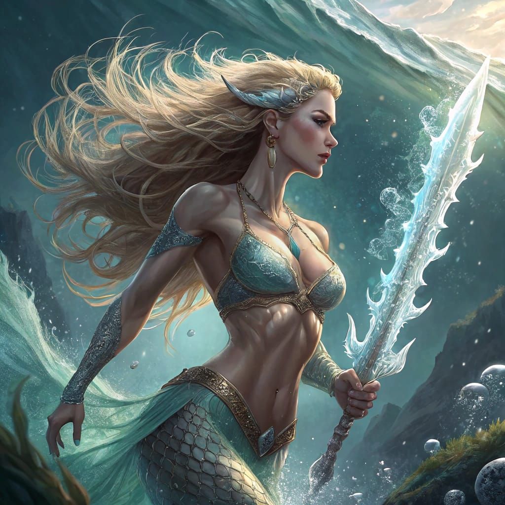 Mermaid Warrior with Ice Sword in Deep Ocean