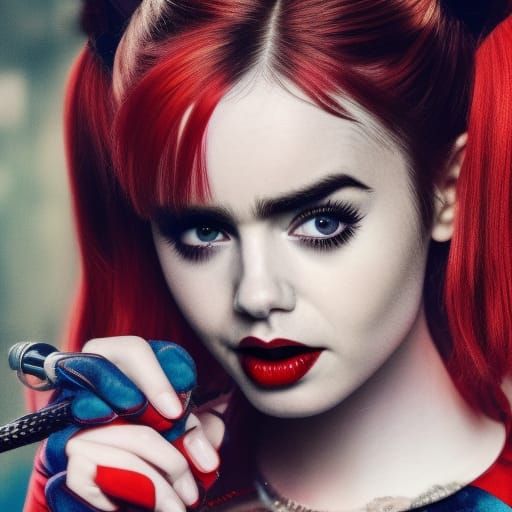 Lily Collins as Harley Quinn: Hyperrealistic Portrait