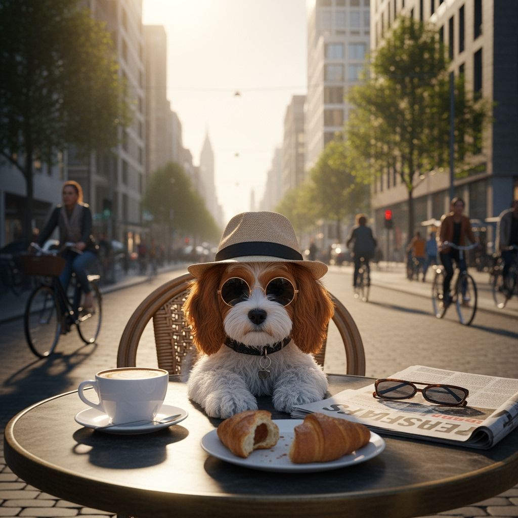 Cavapoo in Fedora at Cafe, Urban Scene