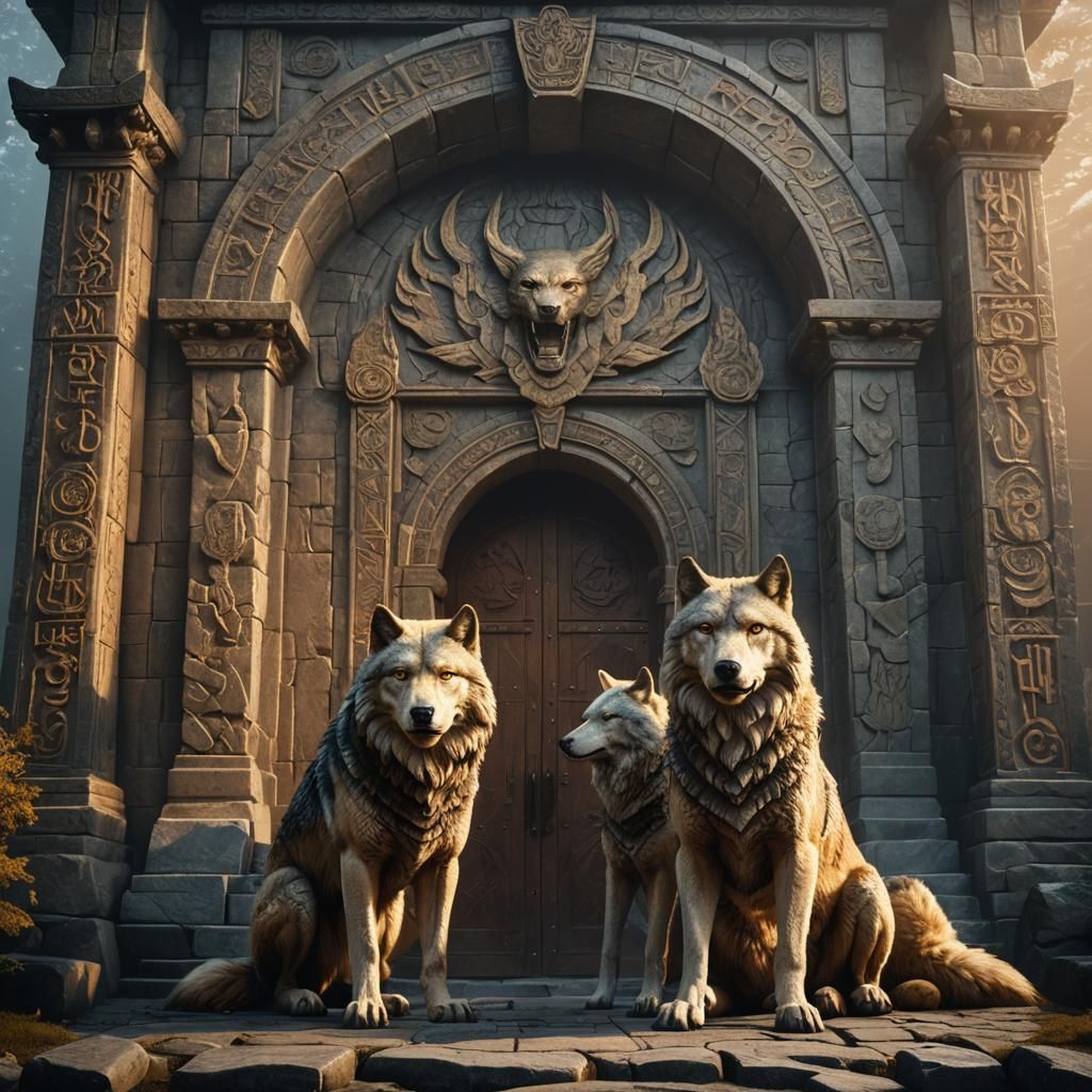 Epic Norse Temple Entrance with Wolves