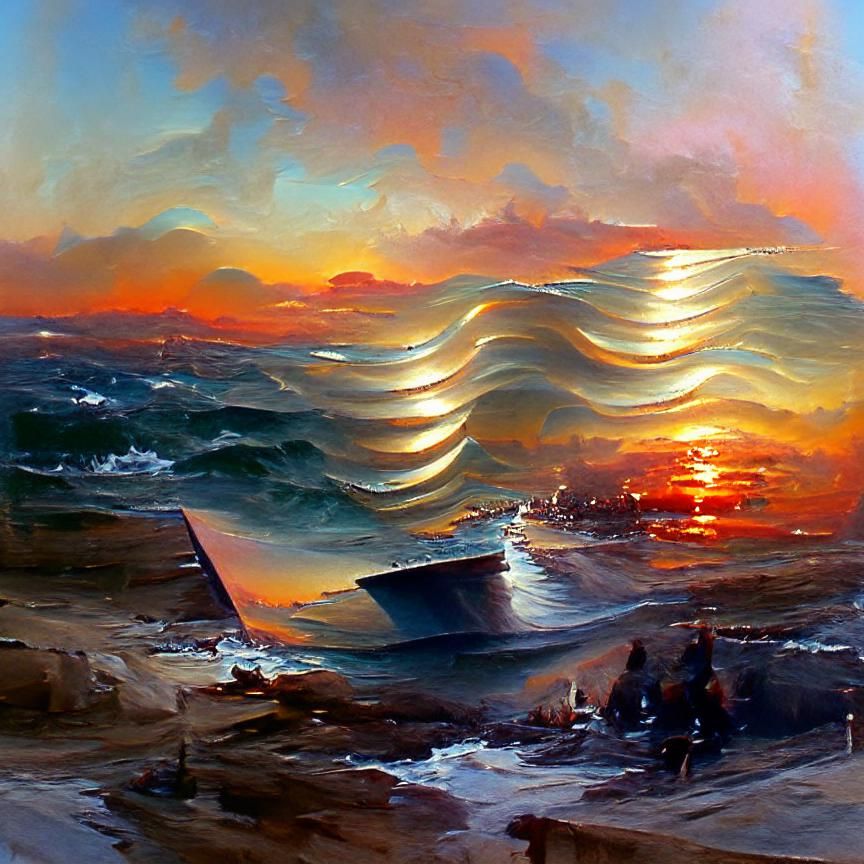 Sunset Waves as Oil Painting