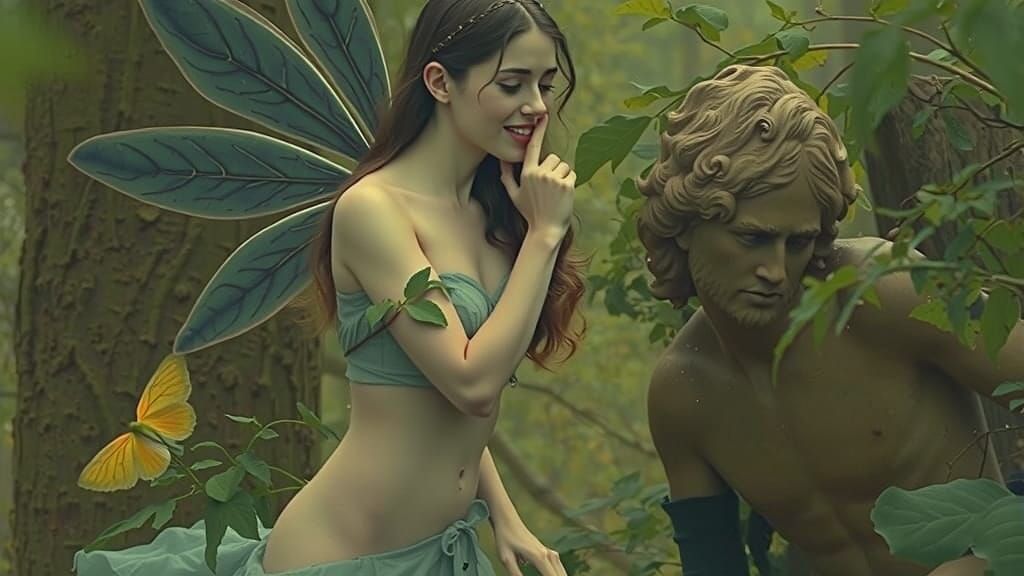 Blond Fairy Woman and Wooden Statue in 19th Century Painting...