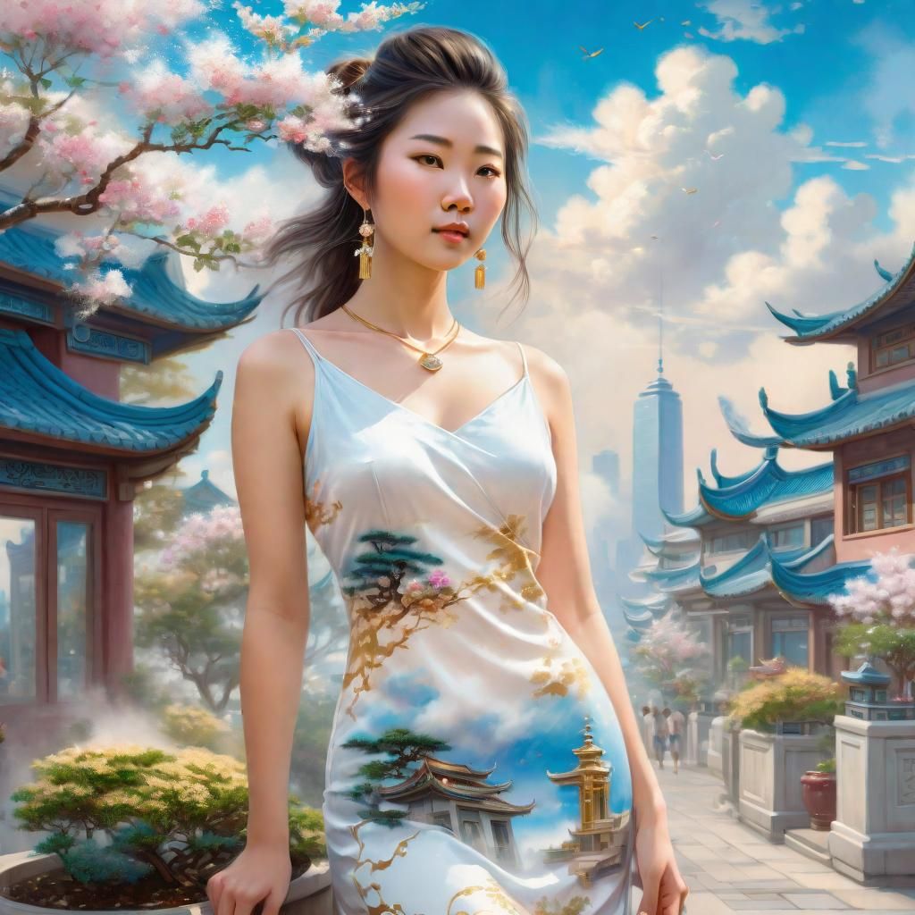 Beautiful Chinese Woman in Modern Town, Astral Illustration