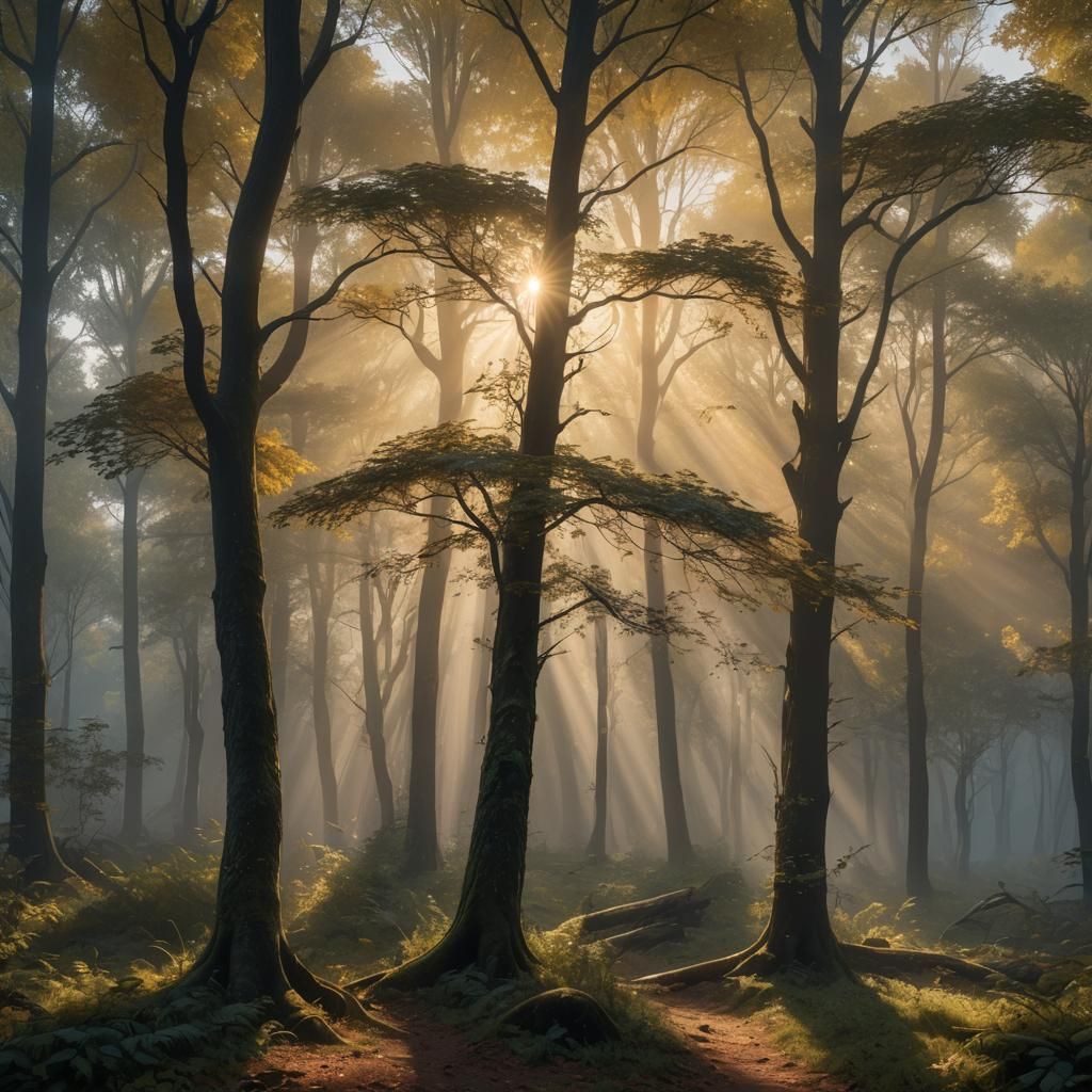 Ethereal Sunrise in Misty Autumn Forest