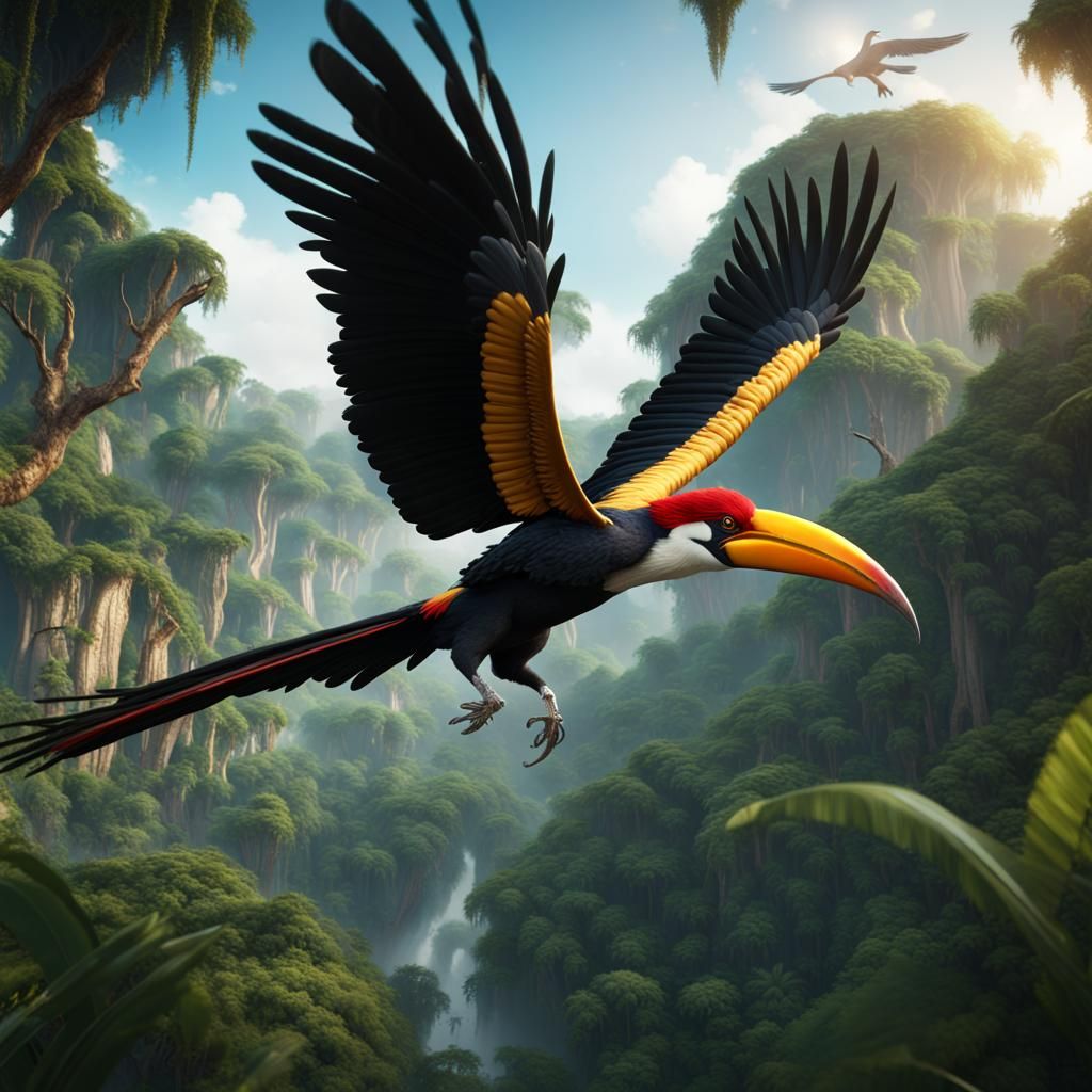 A beautiful hornbill flying through wonderful natural jungle