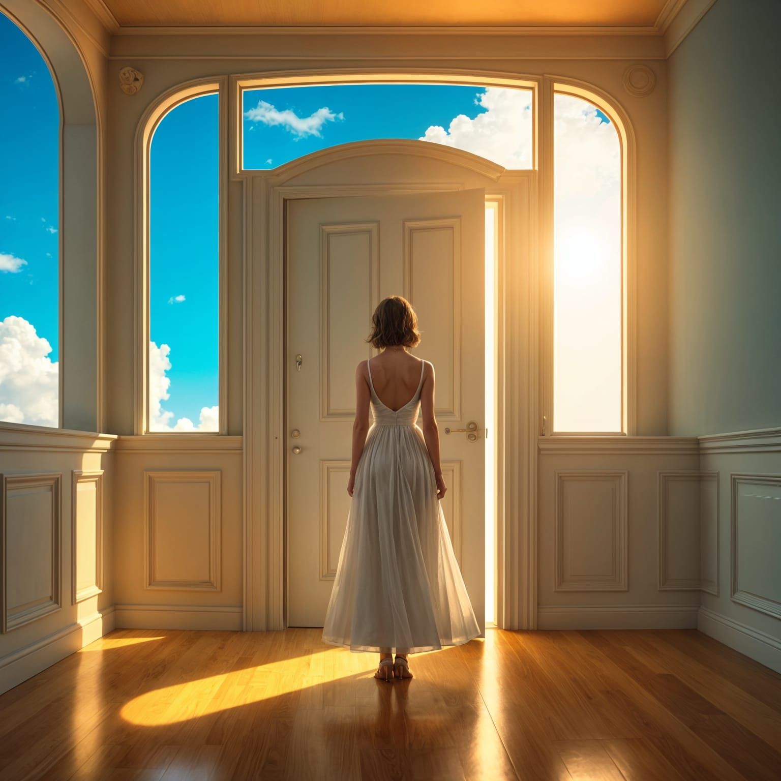 Surreal Room with Doorway to the Sky