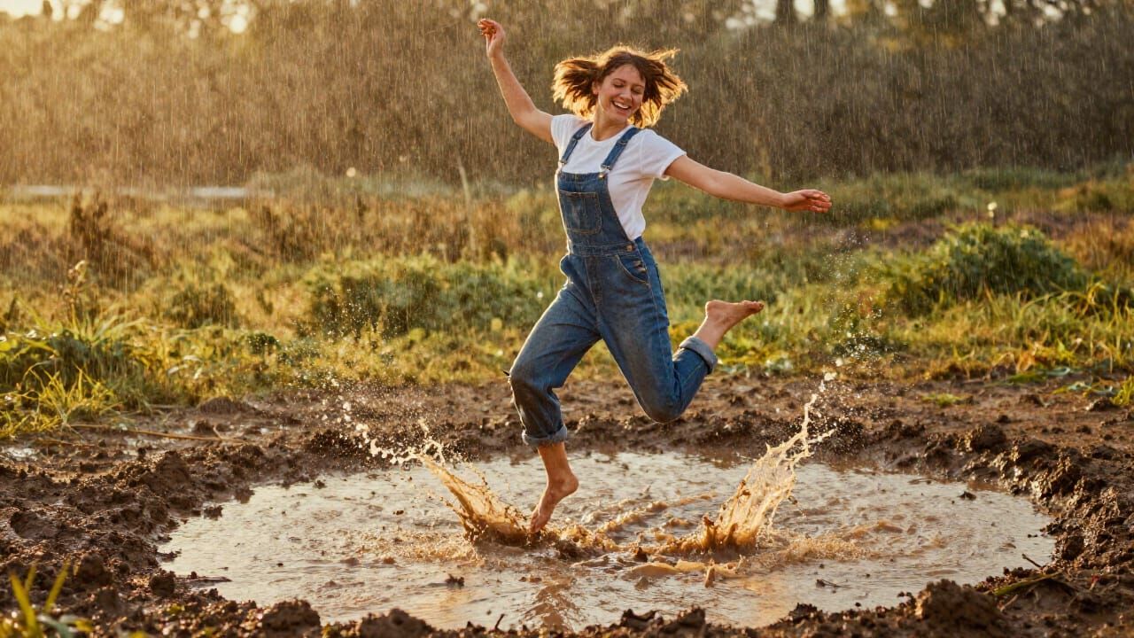 Joyful Woman Jumps in Mud Puddle, Impressionist Style