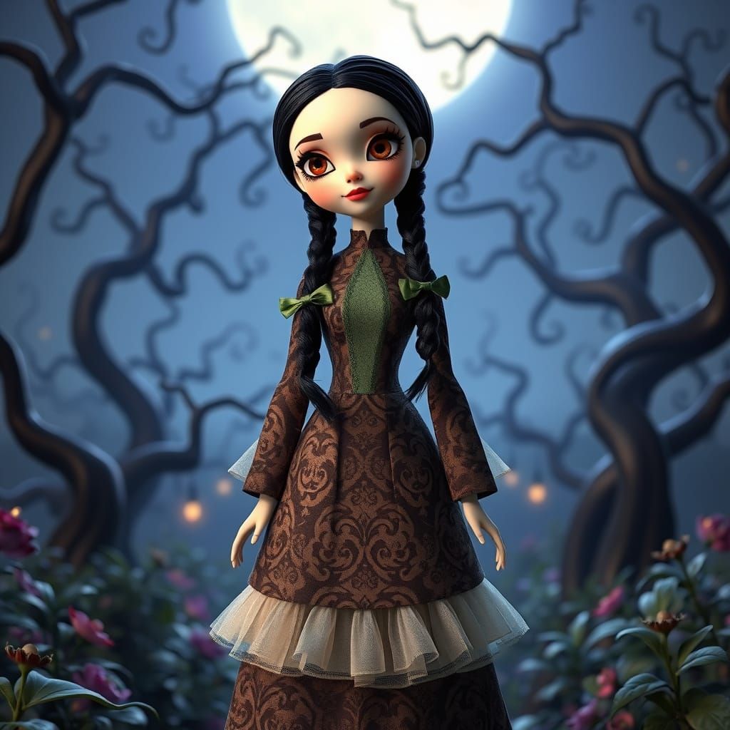 Wednesday Addams Doll in Moonlit Garden, Pixar-Style 3D