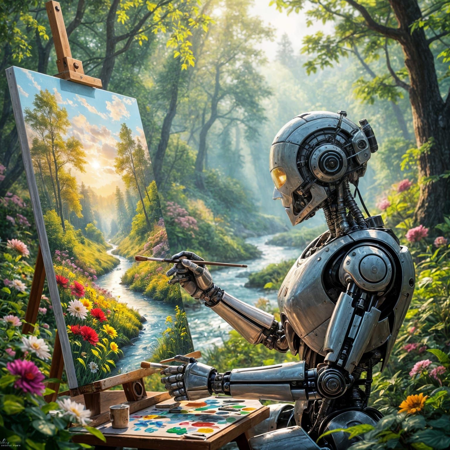 Robot Artist Paints Magical Forest Landscape