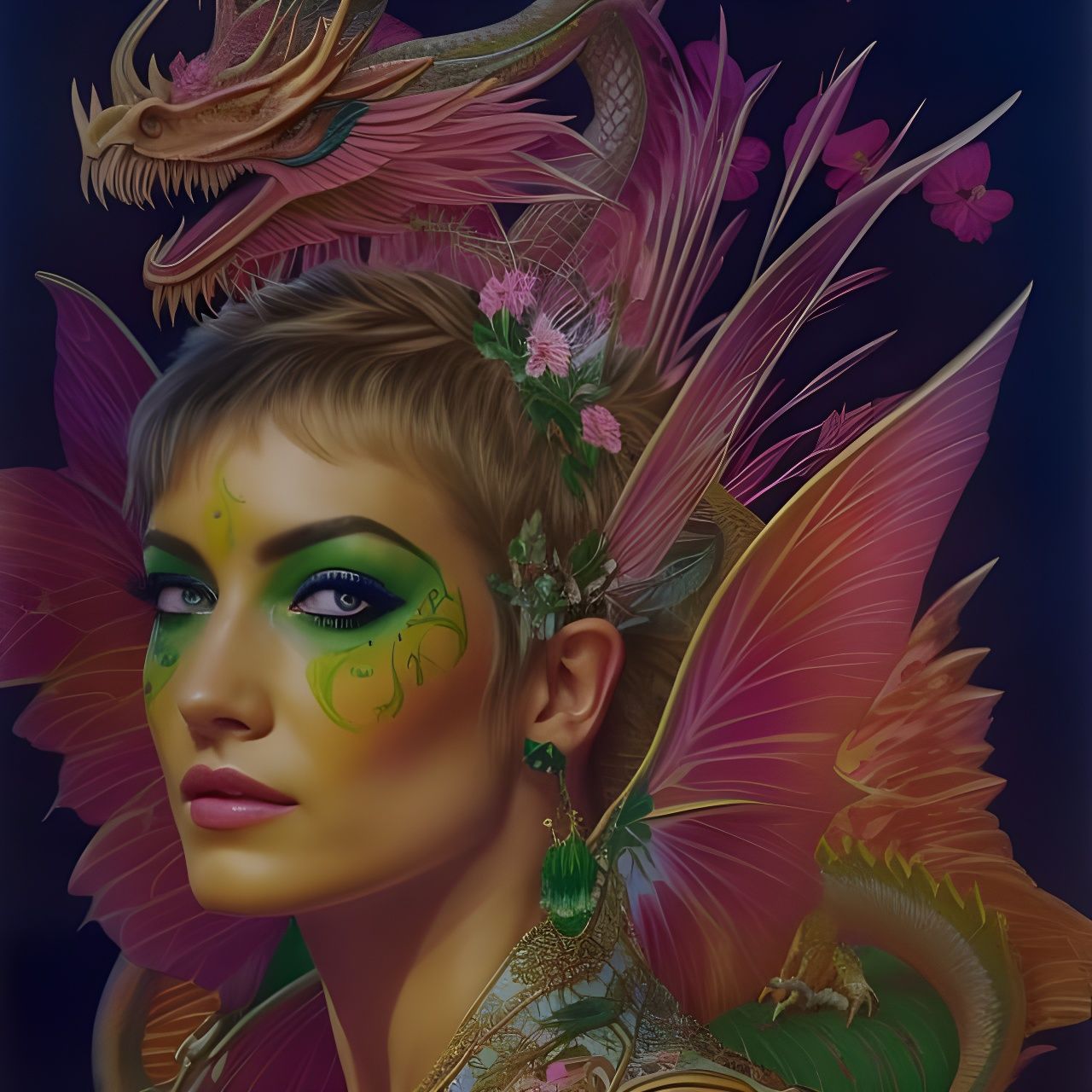 Forest Goddess with Dragon Embroidery, Digital Art
