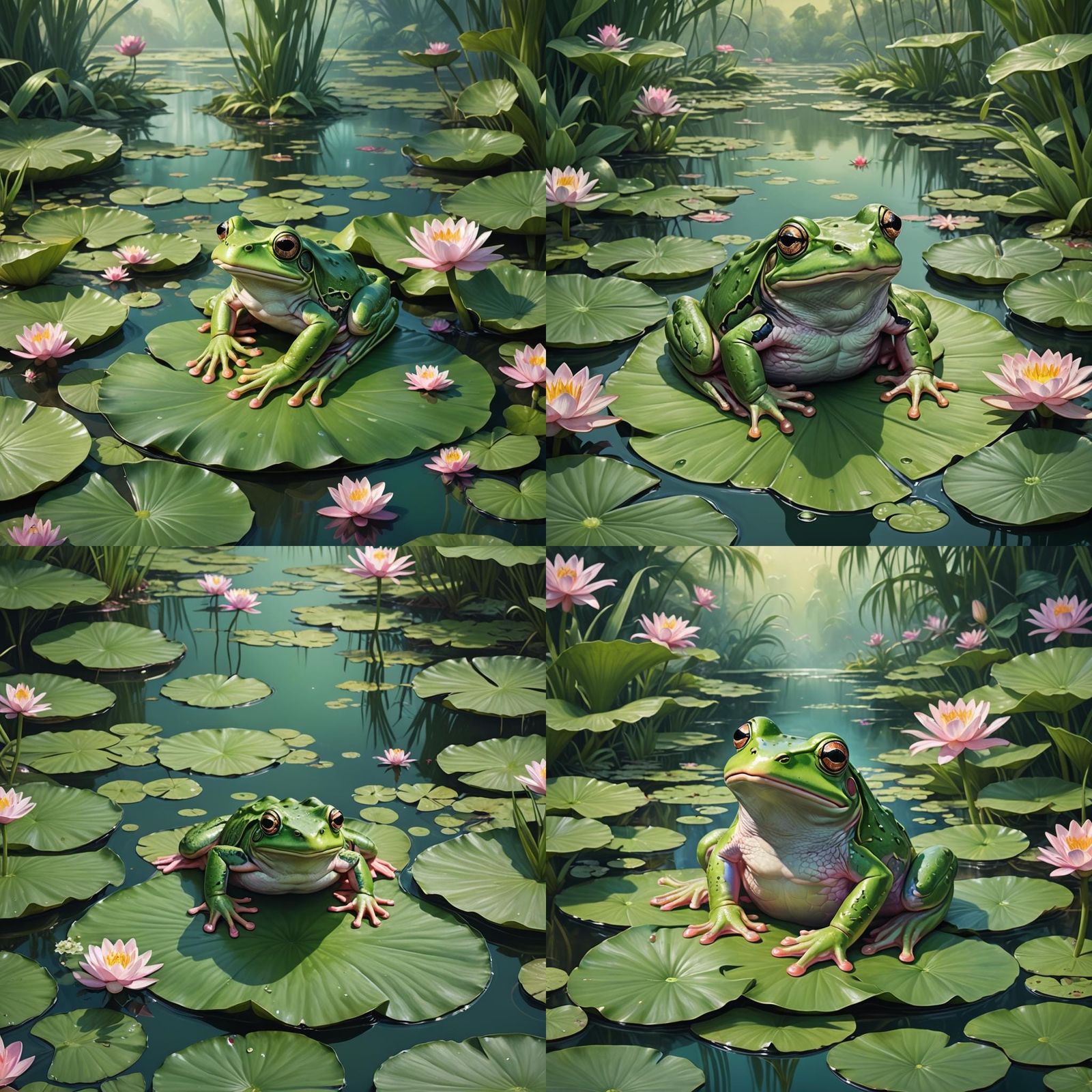 Emerald-Eyed Frog on Lily Pad, Detailed Matte Painting