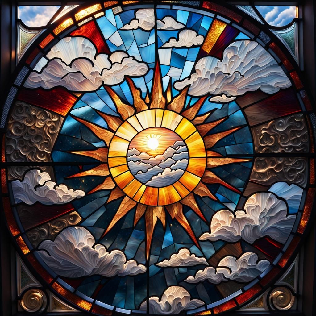 Stained Glass Sun Window in Dot Painting Style