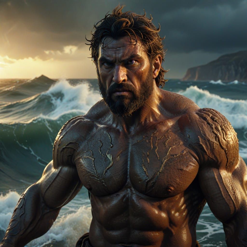 Greek Heroes Encounter Mythical One-Eyed Giant on Stormy Sea...