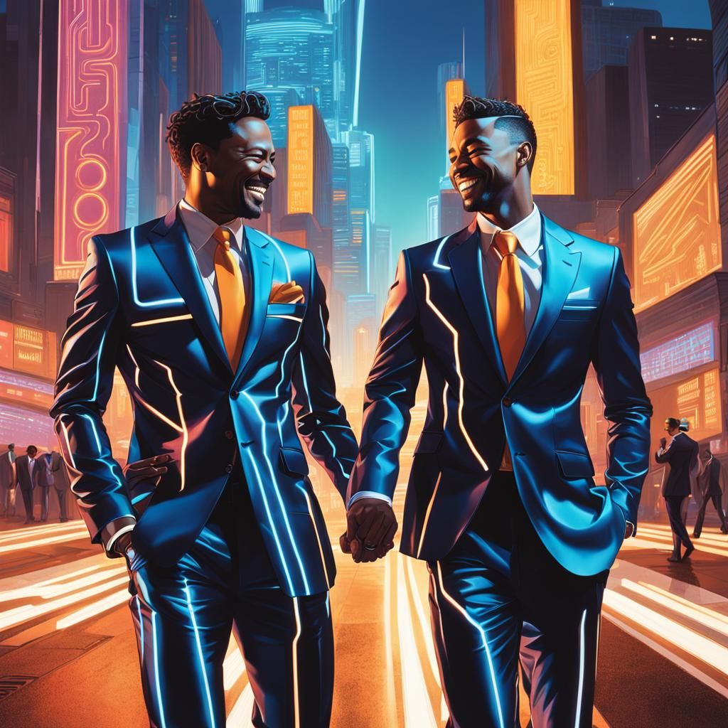Gay Couple in Cyberspace City, Hyperrealistic Art