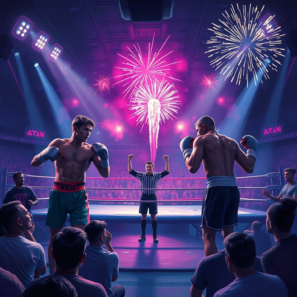 Boxers Enter Ring in Cyberpunk Neon Lights