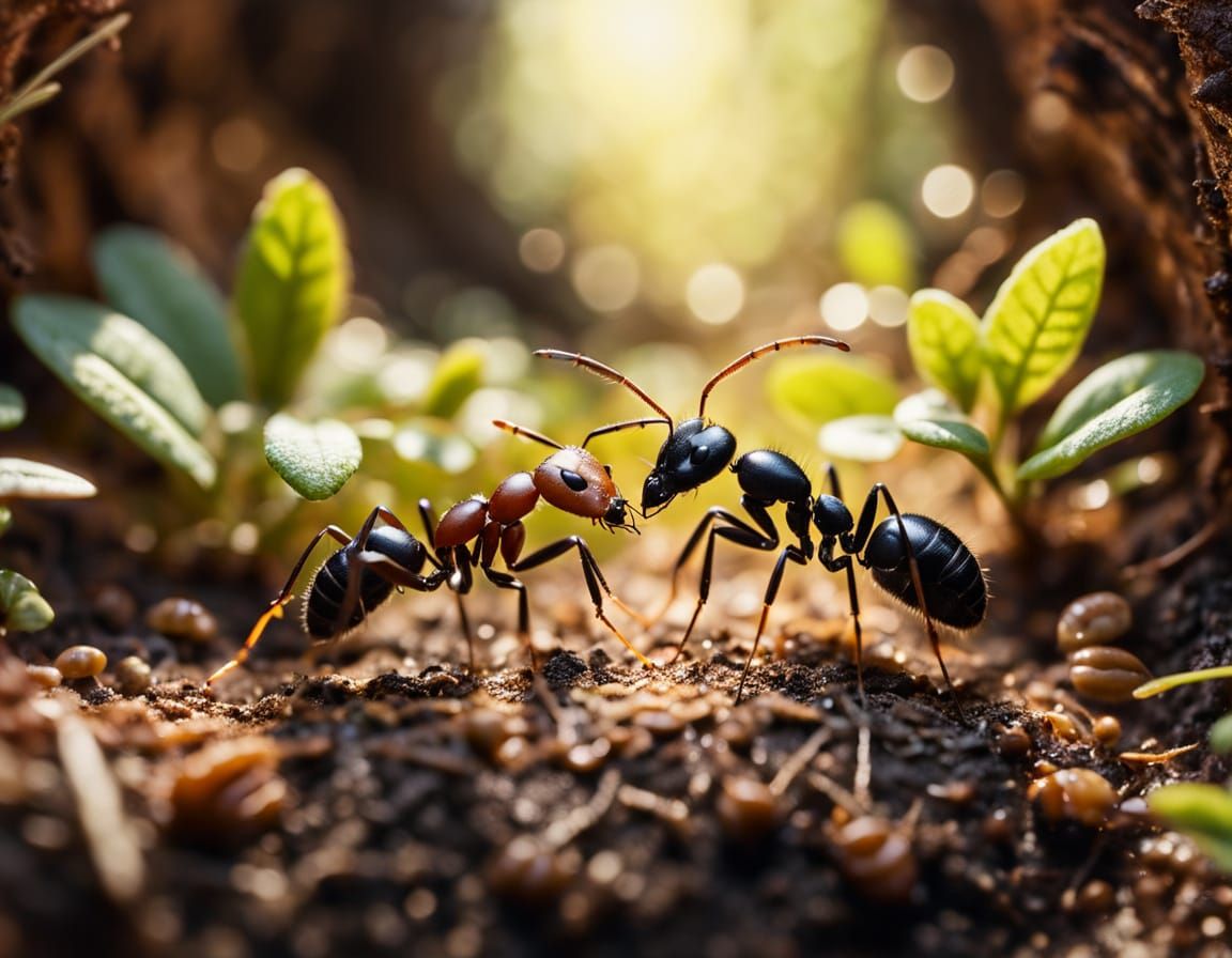 Ants Cooperating in Forest Microhabitat: Macro Photography