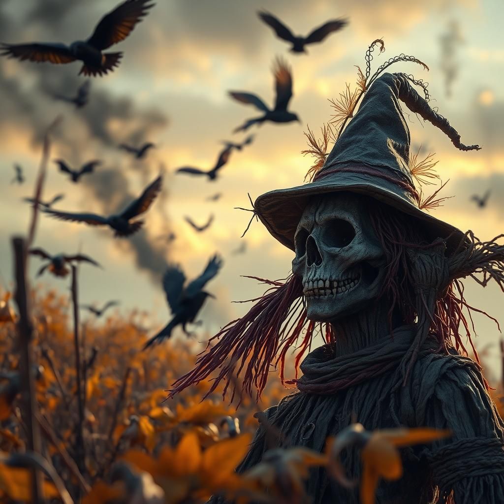 Scarecrow in Autumn Harvest Scene: Dark Fantasy Art