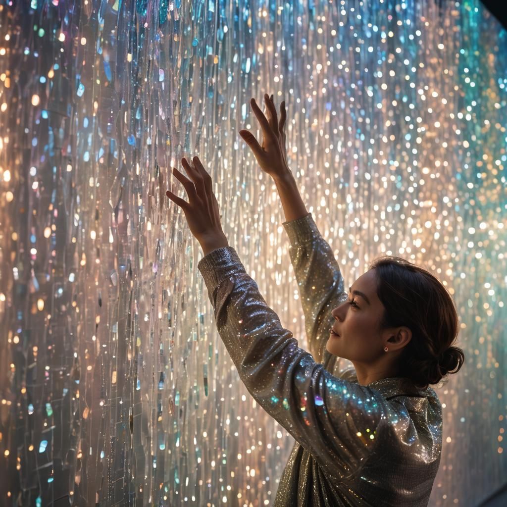 Woman Touches Shimmering Iridescent Wall, DSLR Photography