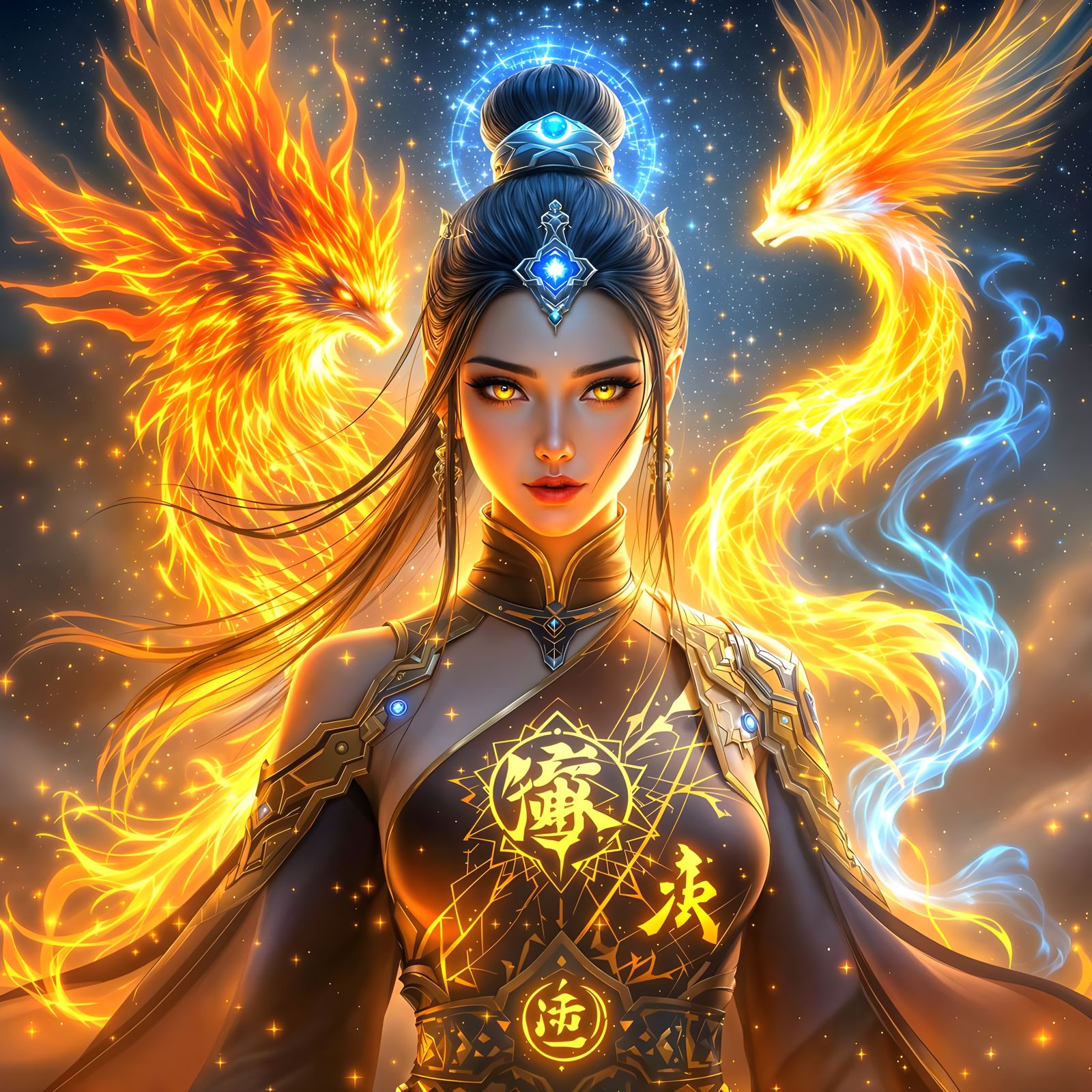 Celestial Kunoichi Portrait with Nebula Wolf and Plasma Phoe...