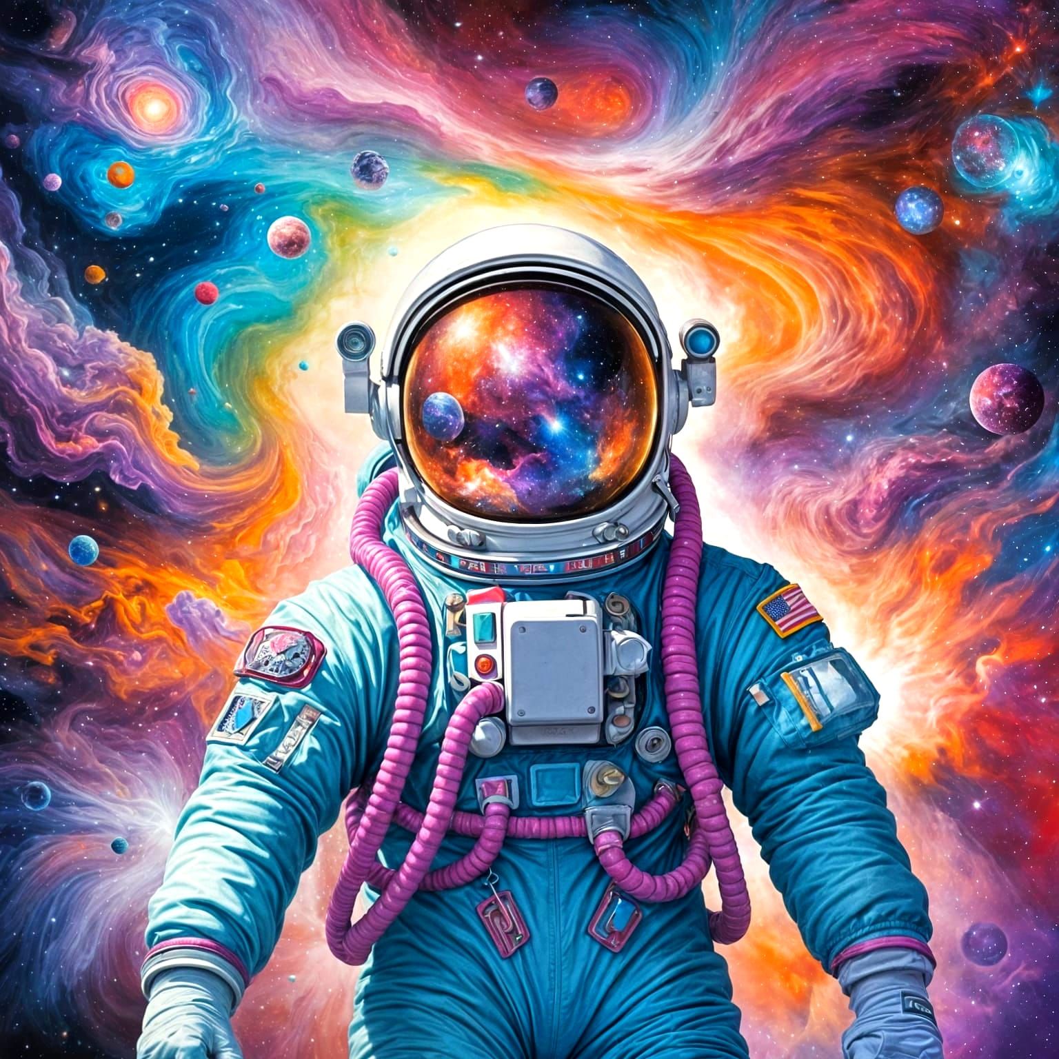 Astronaut in Cosmic Vortex of Swirling Colors