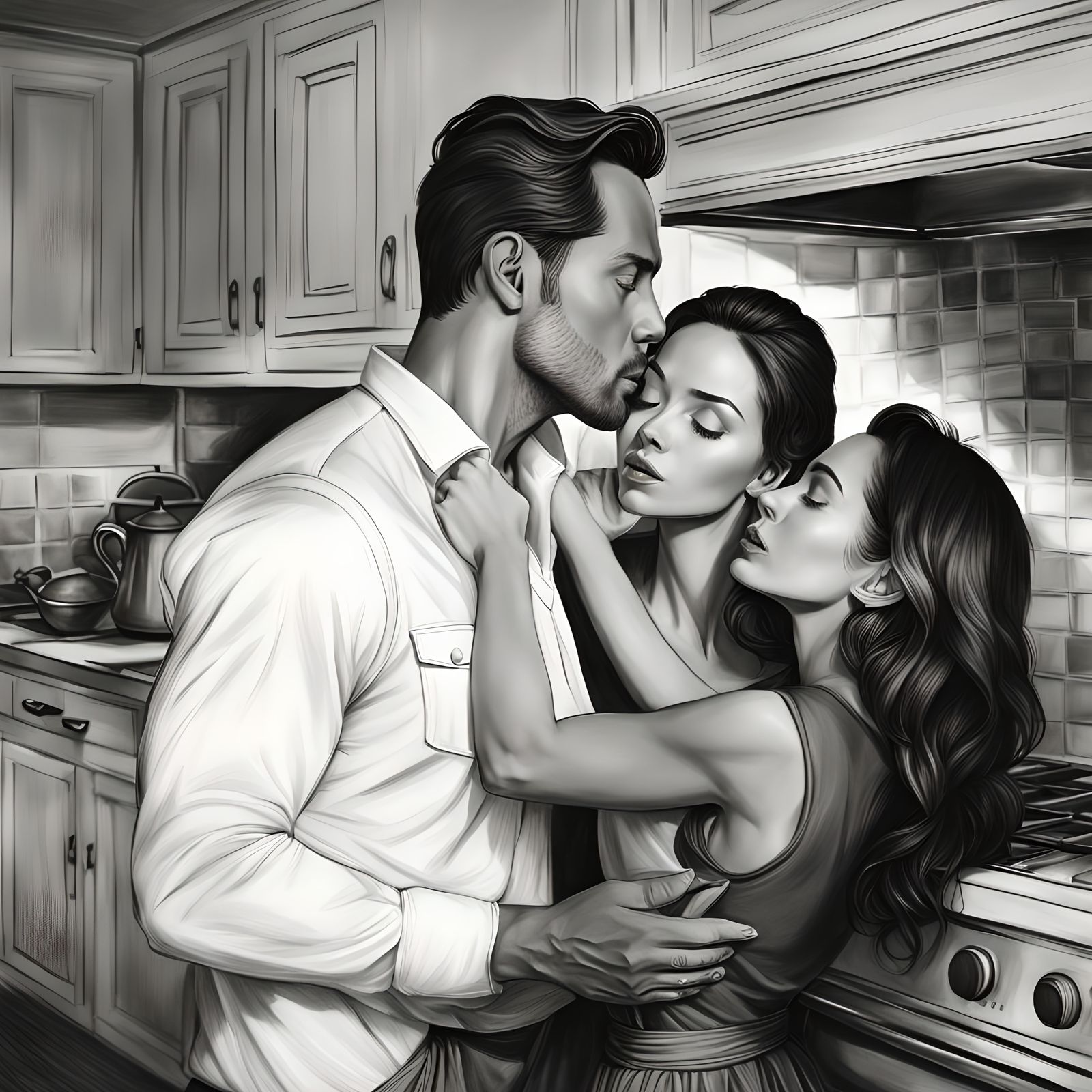Man Kissing Woman: Realistic Charcoal Pencil Drawing