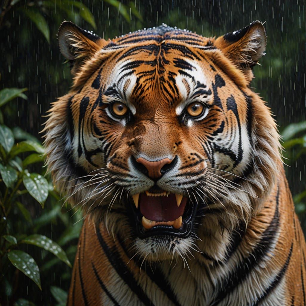 Tiger's Majestic Gaze in the Rain
