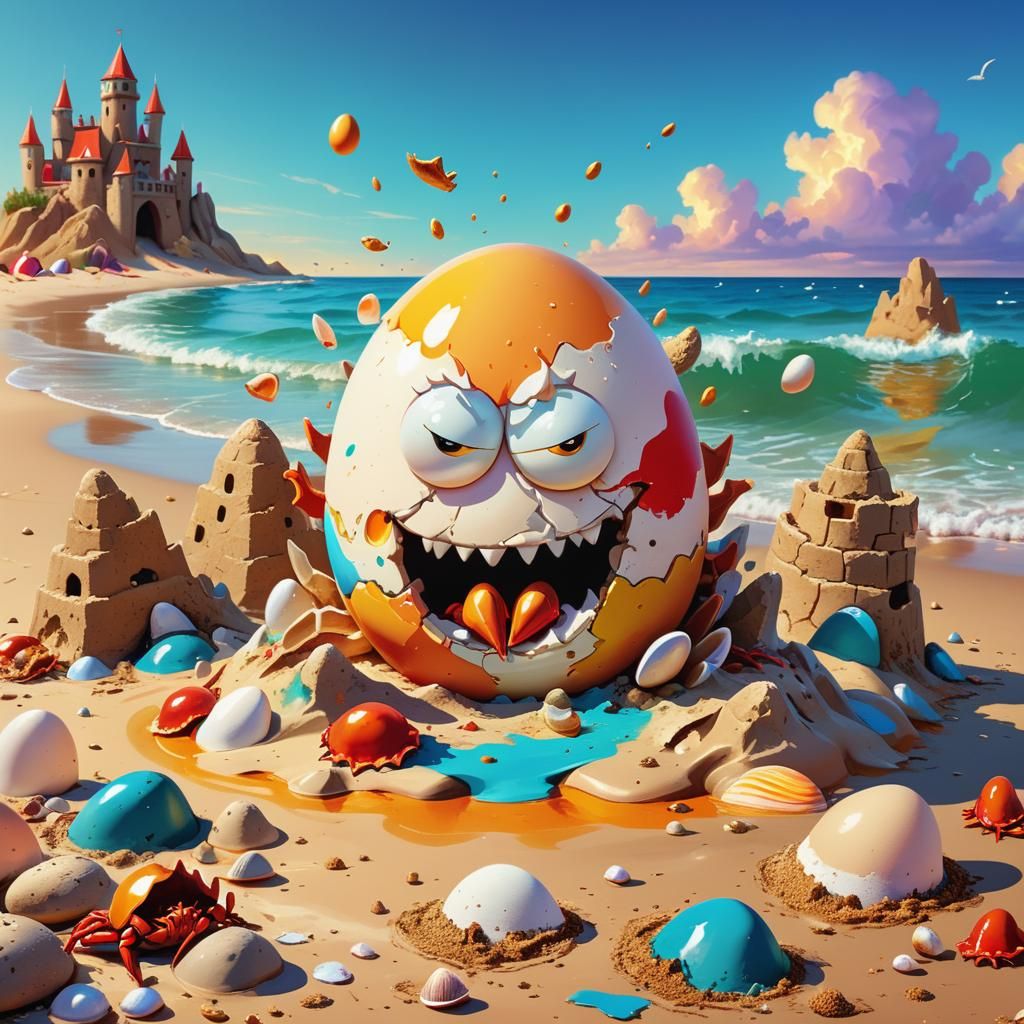 Angry Egg Destroys Sandcastle: Surreal Oil Painting