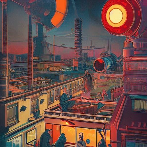 Retrofuturistic Roof Party in Film Noir Style