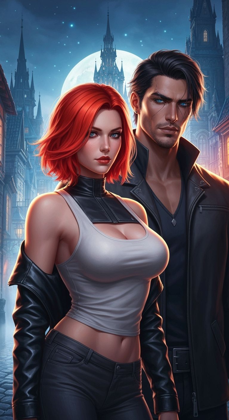 Couple in Lunar Glow Amidst Cyberpunk City