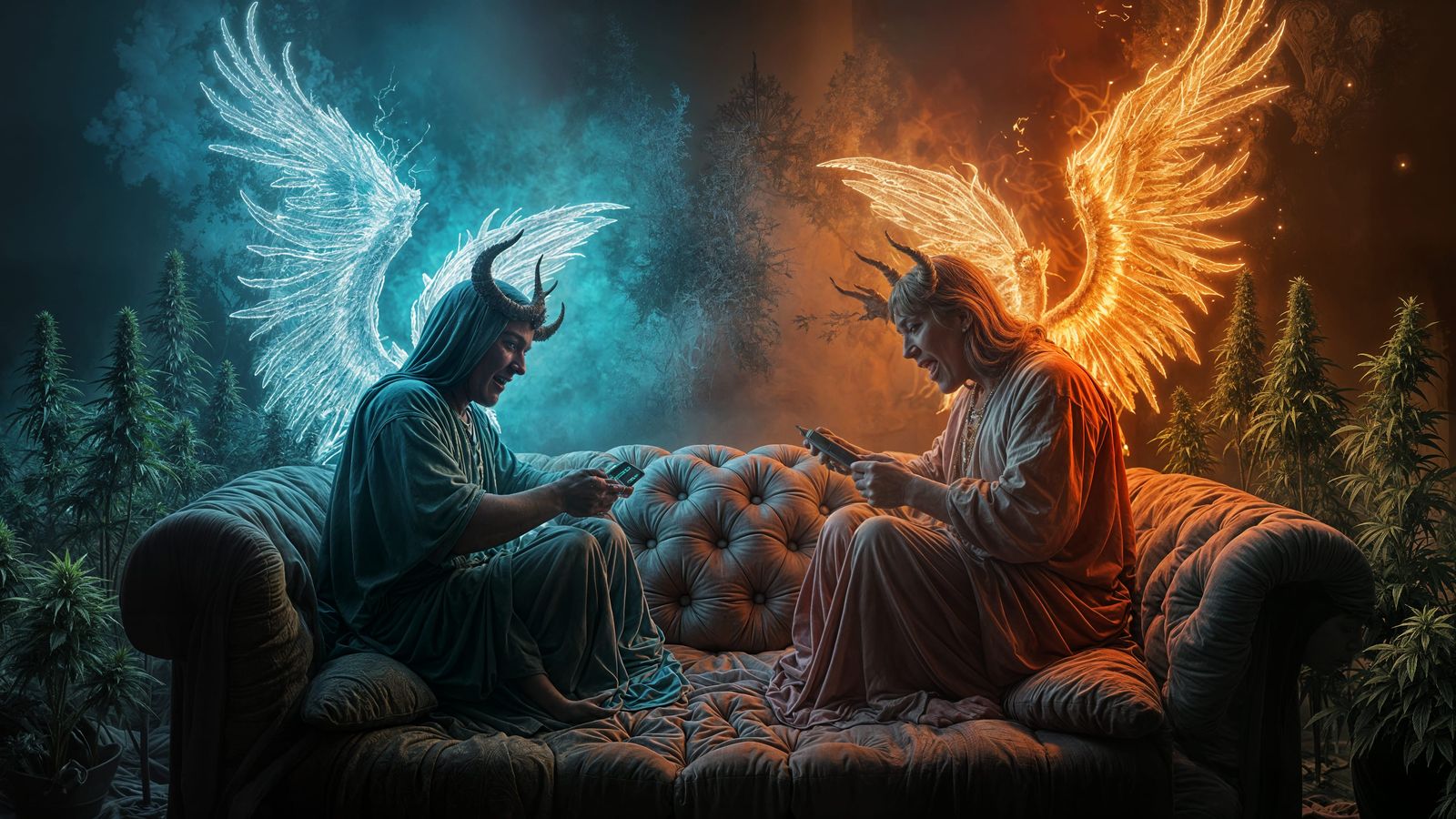 Divine & Infernal Rulers Play Xbox Amidst Marijuana Plants