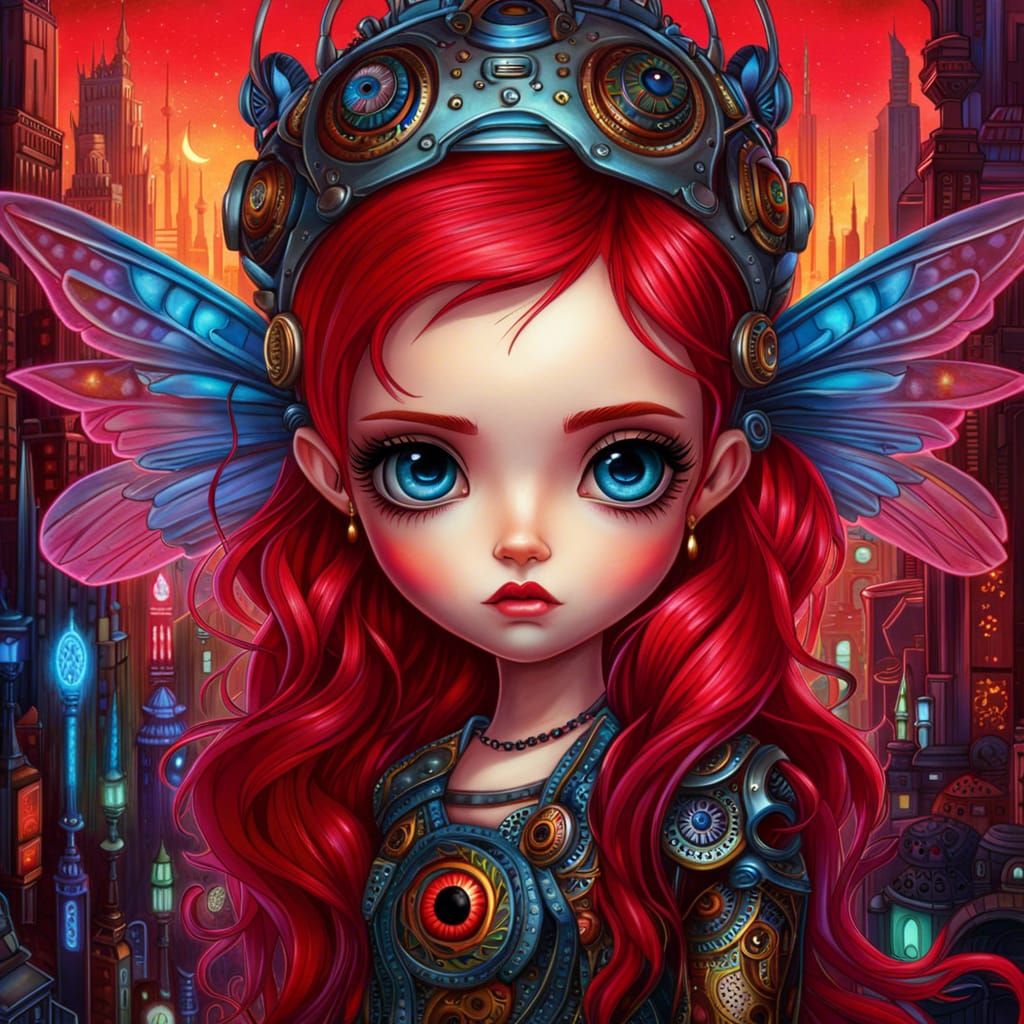 Cyberpunk Fairy with Red Hair in Neon City
