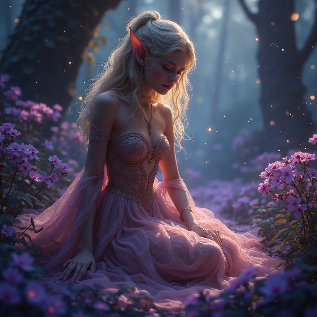 Celestial Elf Weeping Starlight in Bioluminescent Glade