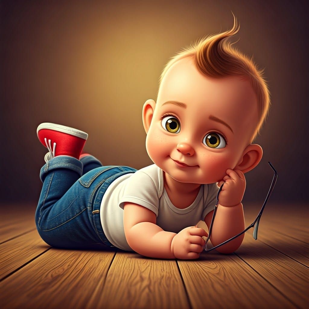 Cute Baby Boy in 3D Style with Honey-Golden Eyes and Comical...