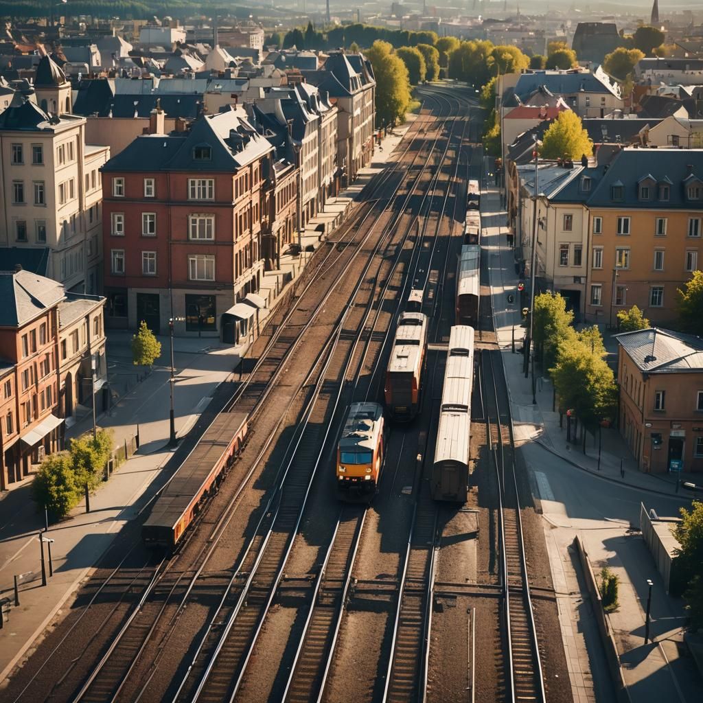 European Cityscape: Train at Railroad Crossing