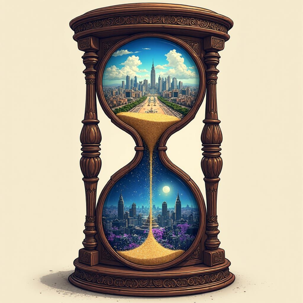 Enchanted Cityscape Hourglass in Gilded Dark Wood