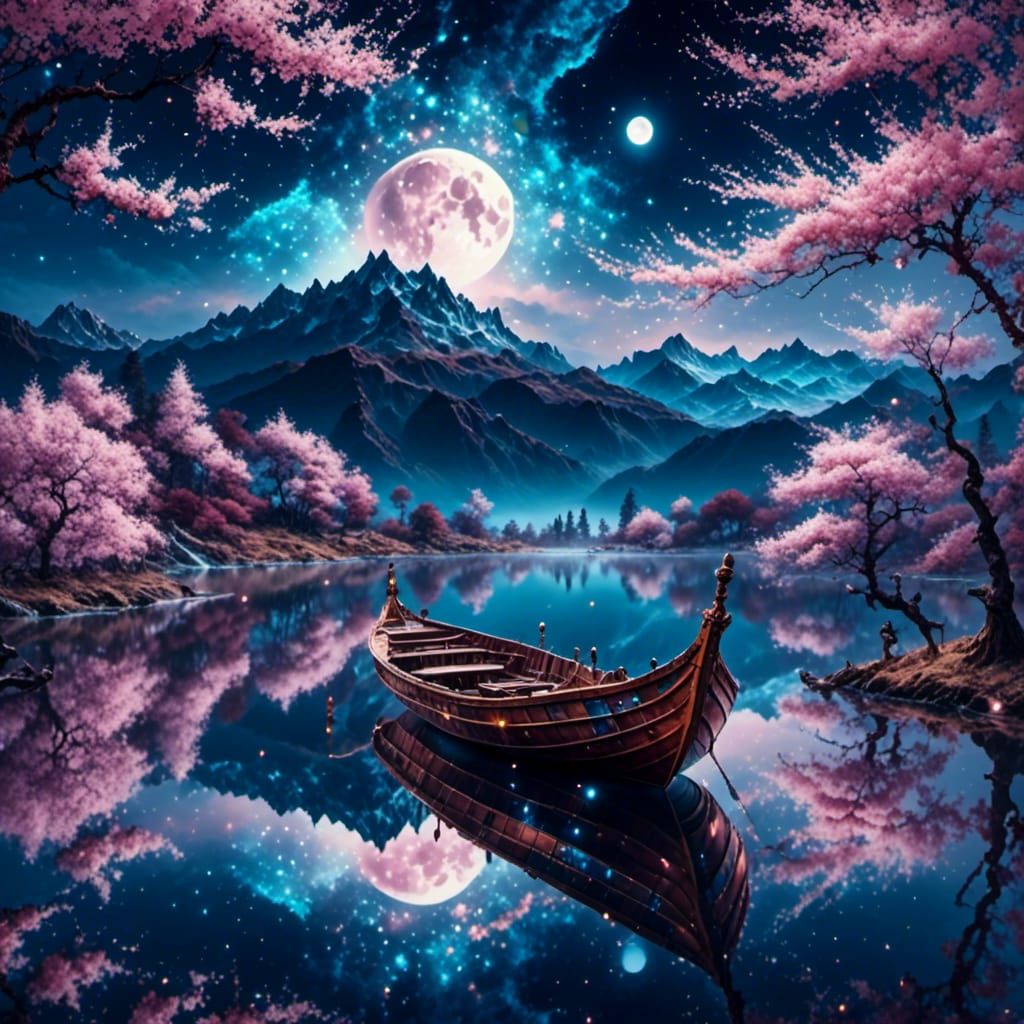 Surreal Boat on Lake with Cherry Blossoms