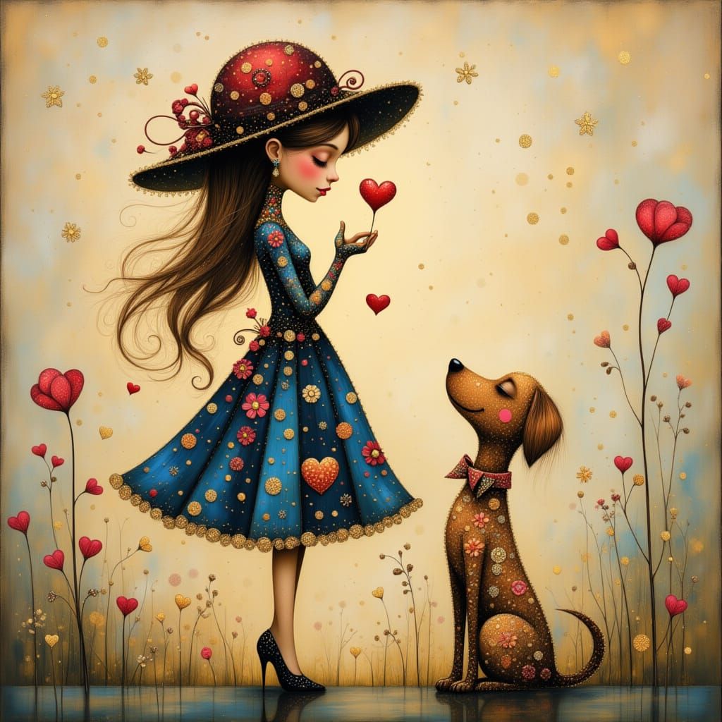 Fashionable Lady and Dog Caricature in Picasso Style