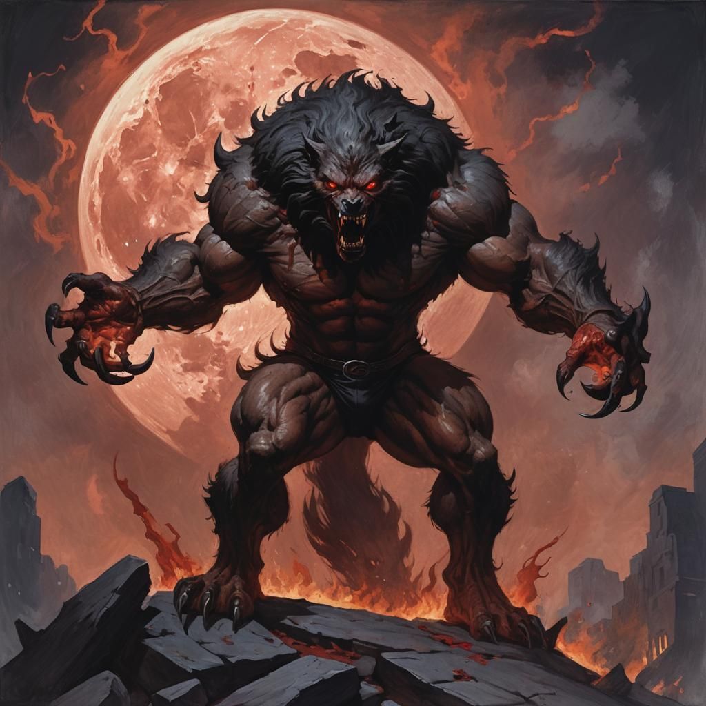 Monstrous Werewolf Howling at Burning Blood Moon