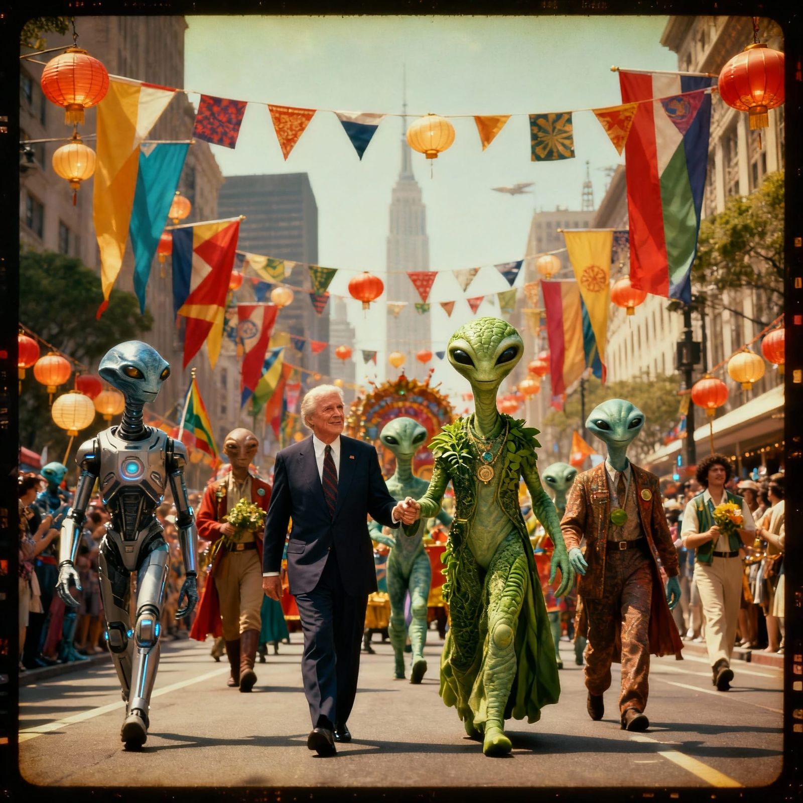 Festa dell' amicizia con gli alieni. Città con strade addobb...