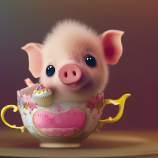 Kawaii Piglet in Teacup with Cupcakes, Digital Art