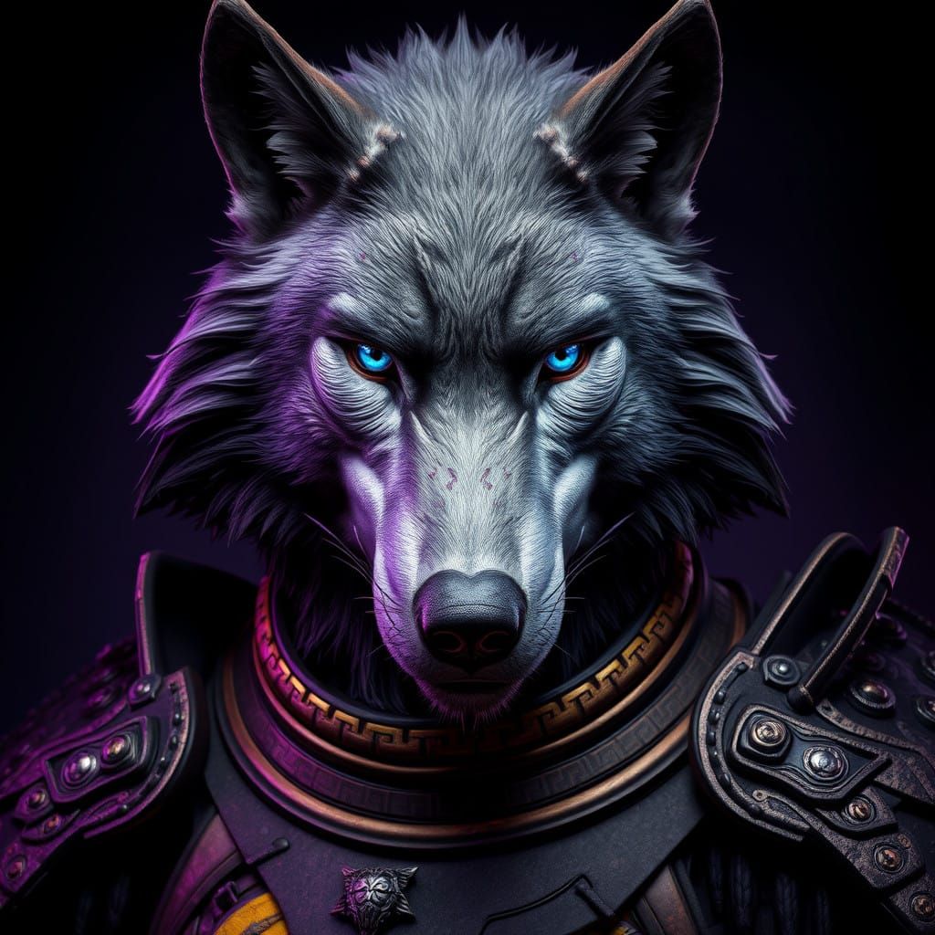 Majestic Gray Wolf in Samurai Armor with Piercing Blue Eyes