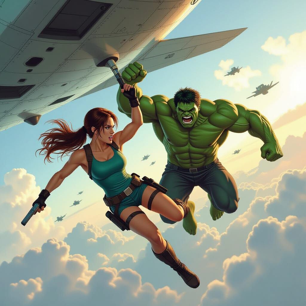 Lara Croft and Hulk in Dramatic Mid-Air Action