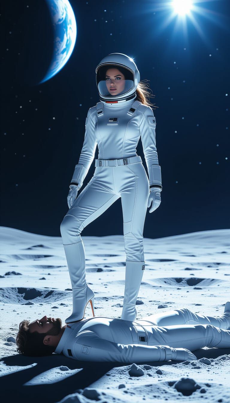 Astronaut Woman Dominates Lunar Landscape