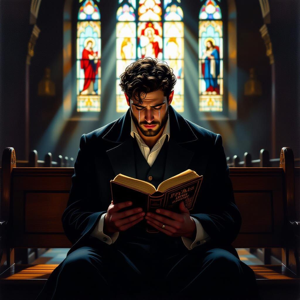 Man Crying in Synagogue with Psalms Book