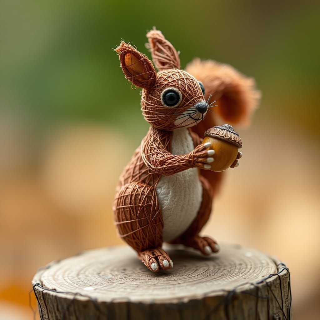 Whimsical String Art Squirrel Sculpture with Acorn